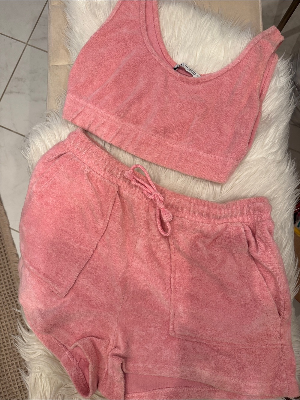 Zara Pink Terry Cloth Lounge Shorts Set